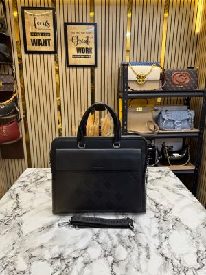 Burberr_y Check Embossed Leather Laptop Bag With Strap (B1977-Black)