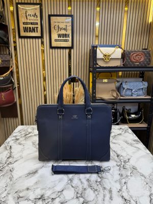 Hermes Premium Quality Executive Business Leather Laptop Bag With Strap (Blue - H1967)