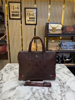 Burberr_y Signature Checks Leather Laptop Bag With Strap (B86633-Brown)