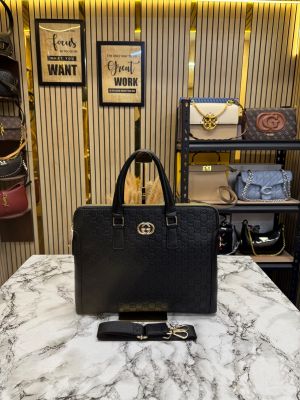 Gucc_i GG Monogram Embossed Executive Laptop Bag With Gold Logo And Strap (G205-5)