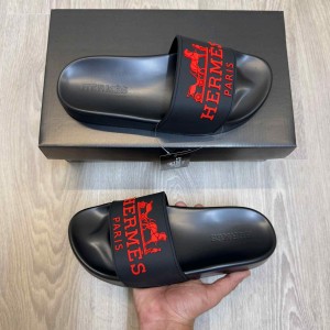 Herme.s Paris Embossed Logo Black Red Pool Slides