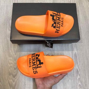 Herme.s Paris Embossed Logo Orange Black Pool Slides