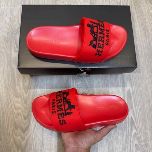 Herme.s Paris Embossed Logo Red Black Pool Slides