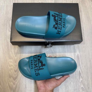 Herme.s Paris Embossed Logo Teal Blue Black Pool Slides