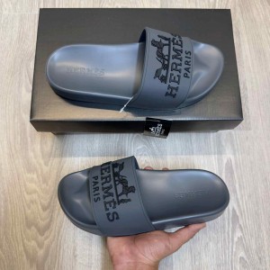 Herme.s Paris Embossed Logo Grey Black Pool Slides