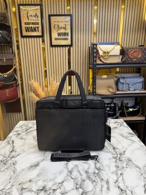Hugo_Boss Monogram Print Business Briefcase Bag (Black-7804)