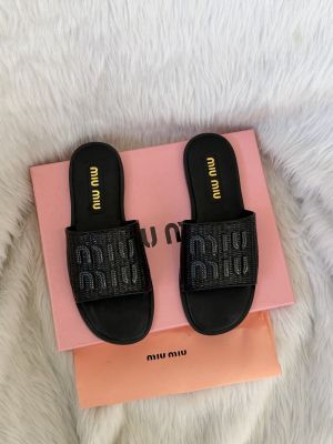 Miu Miu Raffia Effect On Sale Black Slides For Her With Original Box And Dustcover
