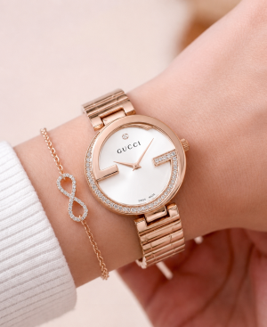 Gucc Women Rosegold White Diamond