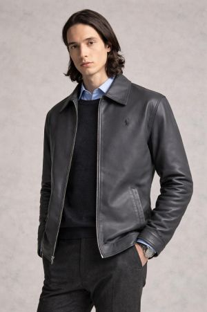 _lauren chest logo leather jacket stone grey