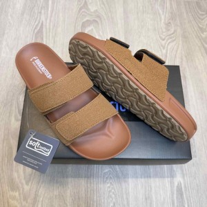 Birkenstock Adjust Velcro Straps Soft Cushion Tan Slides