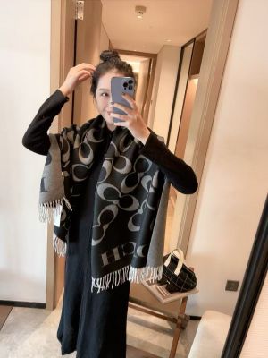 Coac.h_Black_Grey_Signature_C_Monogram_Luxury_Wool_Shawl_With_OG_Box_&_Carry_Bag