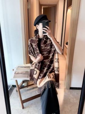 Celine_Triomphe_Monogram_Wool_Shawl_Scarf_Brown_Beige_With_OG_Box_&_Carry_Bag