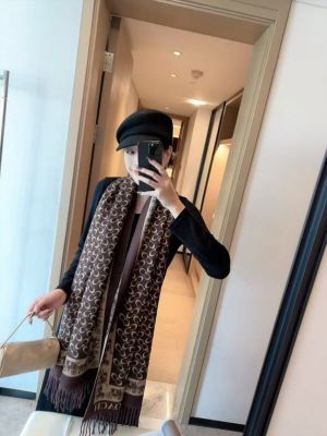 Coac.h_Signature_Jacquard_Wool_Shawl_Scarf_Brown_Khaki_With_OG_Box_&_Carry_Bag