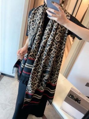 Burberr.y_Monogram_Equestrian_Knight_Black_Beige_Red_Wool_Shawl_Scarf_With_OG_Box