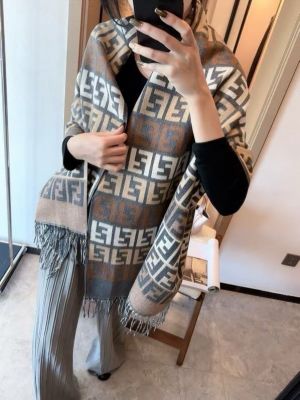 Fend.i_FF_Zucca_Monogram_Block_Brown_Grey_Beige_Wool_Shawl_Scarf_With_OG_Box_With_Carry_Bag