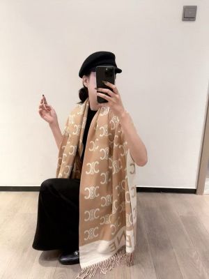 Celine_Triomphe_Monogram_Tan_Beige_Cream_Wool_Shawl_Scarf_With_OG_Box_With_Carry_Bag