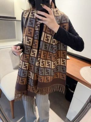 Fend.i_FF_Zucca_Monogram_Block_Brown_Tan_Grey_Wool_Shawl_Scarf_With_OG_Box_With_Carry_Bag