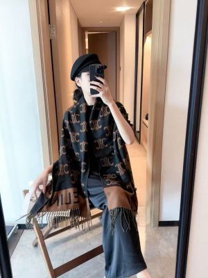 Celine_Triomphe_Monogram_Black_Dark_Brown_Wool_Shawl_Scarf_With_OG_Box_With_Carry_Bag