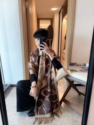 Coac.h_Oversized_Signature_C_Logo_Dark_Brown_Tan_Wool_Shawl_Scarf_With_OG_Box_With_Carry_Bag