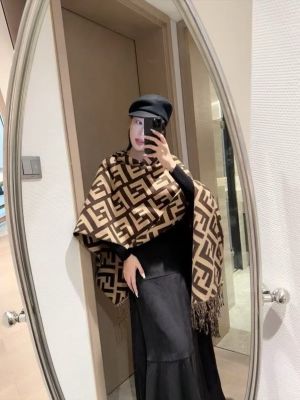 Fend.i_FF_Zucca_Monogram_Asymmetrical_Block_Dark_Brown_Tan_Wool_Shawl_Scarf_With_OG_Box_With_Carry_Bag