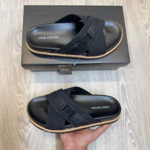 Loui.s Vuitton Monogram Cross-Strap LV Logo Buckle Premium Black Slides