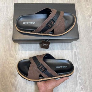 Loui.s Vuitton Monogram Cross-Strap LV Logo Buckle Premium Brown Slides