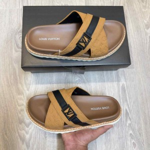 Loui.s Vuitton Monogram Cross-Strap LV Logo Buckle Premium Tan Slides