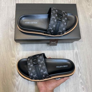 Loui.s Vuitton Monogram Leather Strap LV Logo Buckle Premium Black Slides