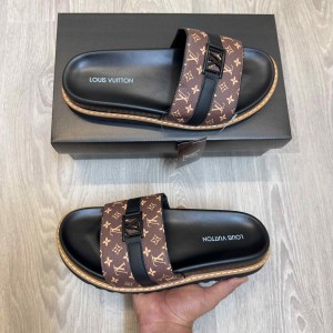 Loui.s Vuitton Monogram Leather Strap LV Logo Buckle Premium Brown Slides