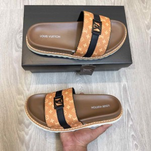 Loui.s Vuitton Monogram Leather Strap LV Logo Buckle Premium Tan Slides