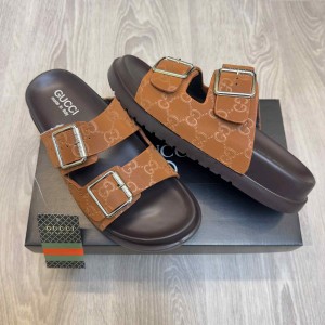 Gucc.i GG Monogram Adjust Double Strap Brown Sandal