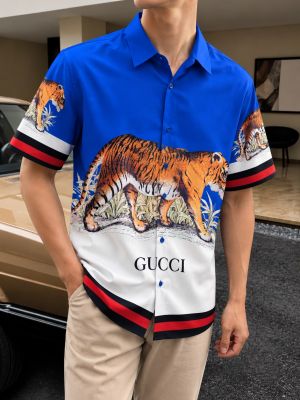 Gucc_Half Sleeves Shirt Tiger Print Blue