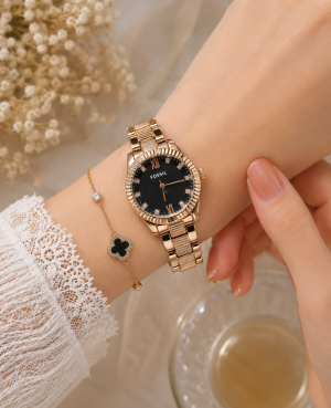 Fossiil Women Diamond Rosegold Black Dial