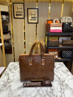Mont Blanc Embossed Leather Business Briefcase With Strap Brown (1064-1)