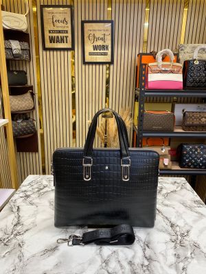 Mont Blanc Embossed Leather Business Briefcase With Strap Black (1064-1)