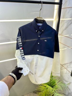 Tomm  Hilfiger Navy Oxford Lycra Premium Printed Shirts F2734-NY