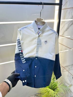 Tomm  Hilfiger White-navy Oxford Lycra Premium Printed Shirts F2734-WN