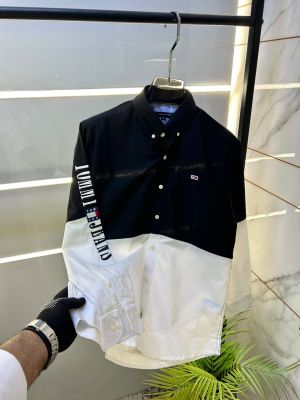 Tomm  Hilfiger Black Oxford Lycra Premium Printed Shirts F2734-BL