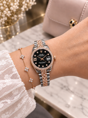 Roleex women Date Only Rosegold Two Tone Black Dial
