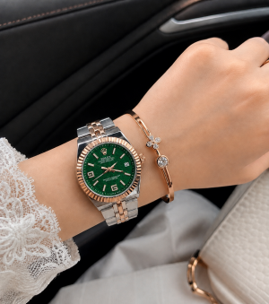 Roleex Women Land Dweller Date Only Rosegold Two Tone Green