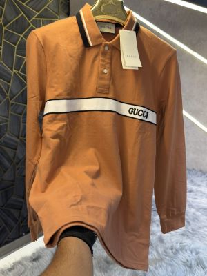 sale Gucc Light Brown Embroidery Logo Full Sleeve Premium Polo T Shirt (1885)