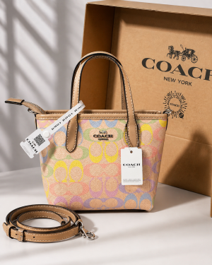 Coacch Mini Tote Bag Multicolor Signature Canvas Tan Leather Trim Shoulder Strap With OG Box & Dust Cover 165 Rainbow