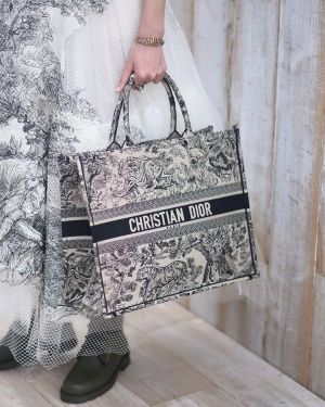 Dioor Book Tote Black Toile De Jouy With OG Box & Dust Bag & Scarf (Black Tiger - 573)