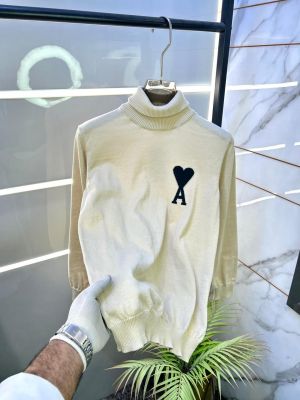 Ami Logo Imported Beige High Neck Premium Pullovers F3391-BE