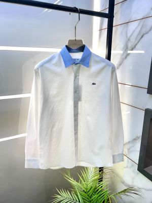Lacost White Embroidery Logo Premium Oxford Lycra Shirts F5041-WH