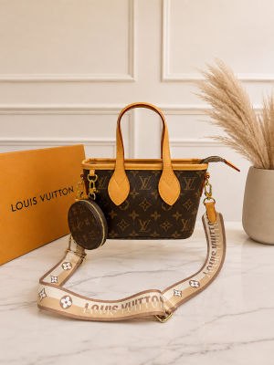 Louiis Vuitton Neverfull BB Handbag Monogram Canvas Yellow Leather Logo-print Strap Detachable Coin Purse 306
