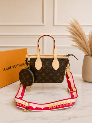 Louiis Vuitton Neverfull BB Handbag Monogram Canvas White Skin Leather Logo-print Strap Detachable Coin Purse 306