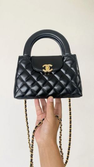 Chaneel Mini EKelly Top Handle Black Bag Diamond Quilted CC Turn Bag With OG Box & Dust Cover 7661 Black
