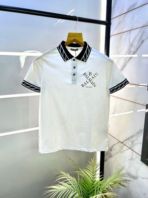 Balmai  Paris Logo Imported White Collar Neck Premium T-shirt F2831-WH
