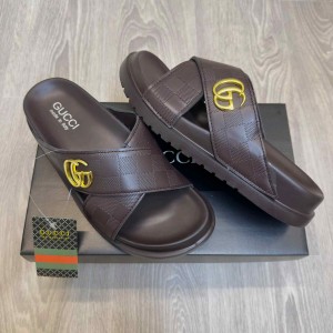Gucc.i GG Cross Strap Premium Brown Slides